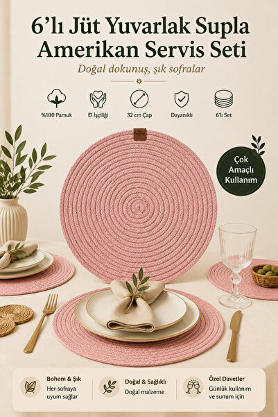 Fabrix Home 6-Piece Jute Supla American Service Set Pink Color Bohemian Table...