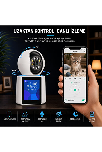 VOREX ApronX 2K WiFi Akıllı Bebek Güvenlik Kamerası Ekranlı 360° PTZ Hareket Takip Type-C 5V
