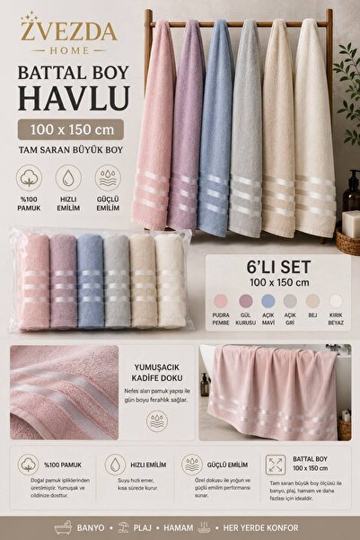 Zvezda Home 6'lı Battal Boy 100x150 Banyo Havlusu