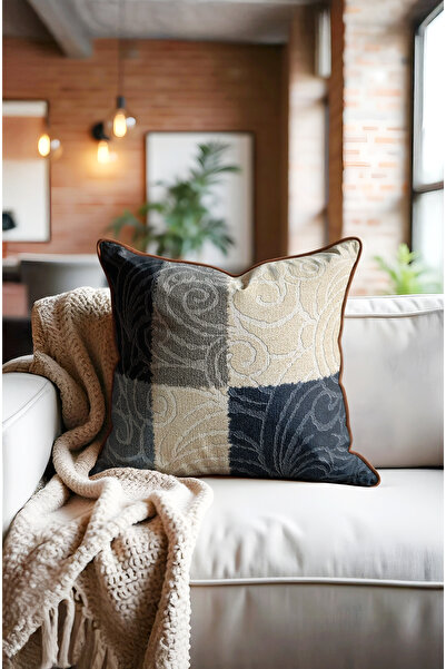 CANİLA Classic Gray Navy Blue Patterned Leather Luxury Cushion Cover 45X45Cm ...