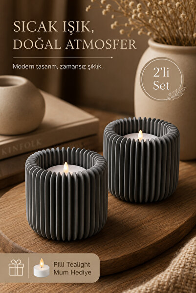 Minipax Gri Dekoratif Tealight Mumluk 2’li Set - Pilli Tealight Mum Hediyeli