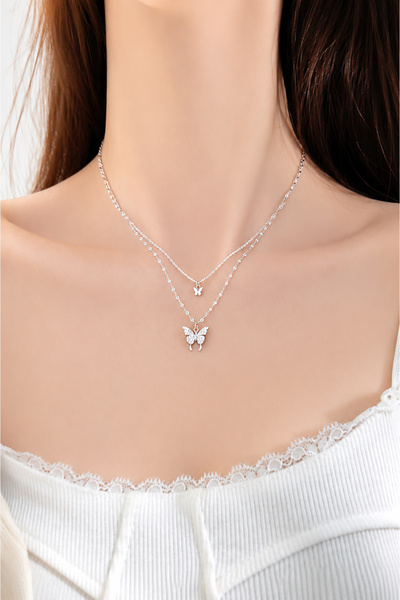 TREND COLLECTİON Gümüş Renk Çift Katmanlı Kelebek Figürlü Kadın Kolye