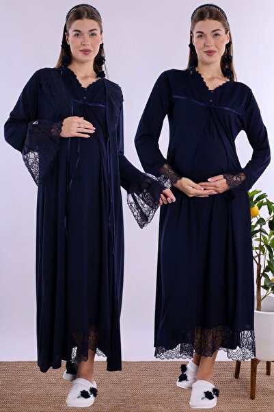 Effortt Cotton Maternity Nightgown Set with Hidden Nursing Features - Navy Blue