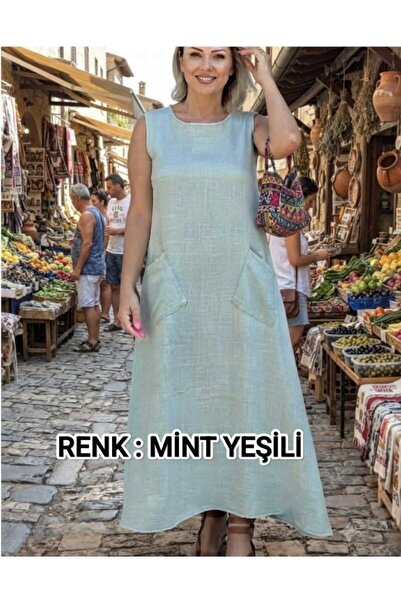 İmaj Cepli Çan Kesim Kalın Askılı Elbise
