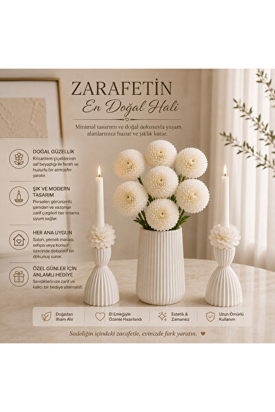 Doğahome Minimal Beyaz Krizantem Vazolu Dekoratif Şamdan Seti – 7'li Yapay Çiçekli Modern Salon Dekoru