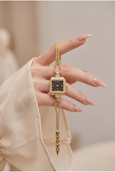 KLISHE Butik Women's Steel Watch Gold Color & Black Dial Square Case Old Mone...