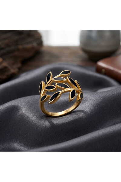 toptanhanem Minimalist Leaf Design Adjustable Ring |   Gold Plated, Black Color