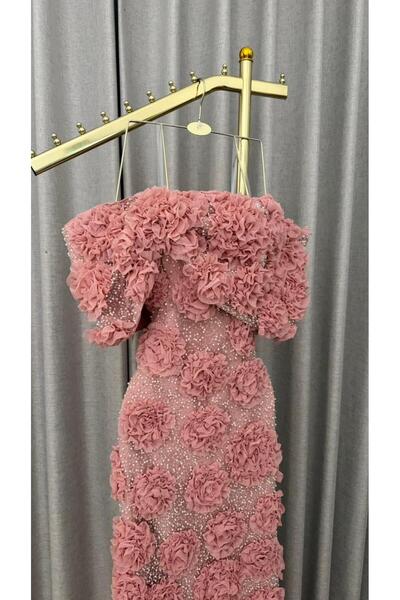 Bamah Luxurious Evening Gown with 3D Flowers and Pearls, Off-The-Shoulder Design