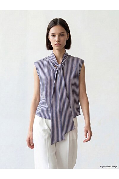 LC Waikiki Lcw Comfort Navy Blue Striped Women's Shirt with Tie Detail