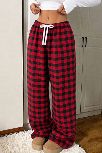 İlayda Toprak Plaid Red Checkered Unisex Loose Fit Elastic Waist Lace-Up Comf...