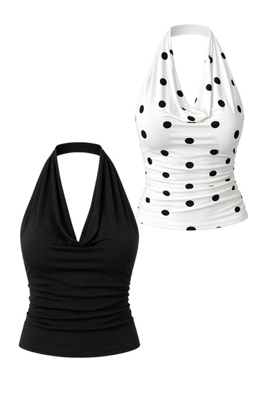 DI LORIA Women's Degaje Collar Crop 2-Piece Set (Black - White Polka Dot, Black)