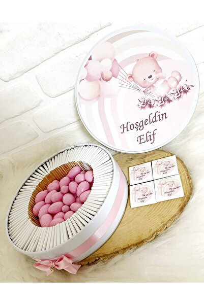 100 Adet+200 Gr Drajeli Gökkuşağında Balon Tutan Ayıcık Temalı İsme Özel Hoşgeldin Kız Bebek Hediyelik Çikolata