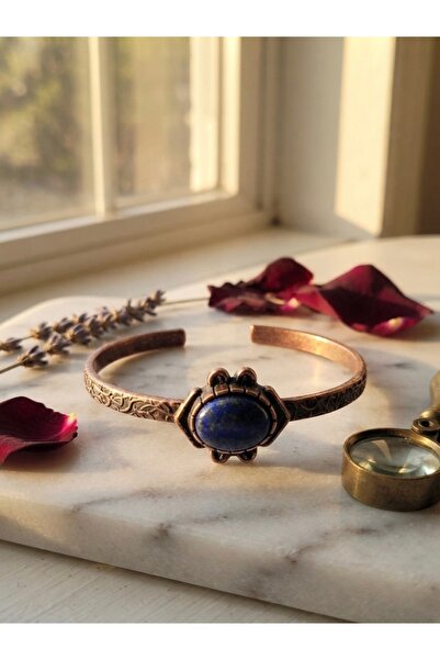Meneva Aksesuar Adjustable Copper Bracelet with Lapis Lazuli Natural Stone