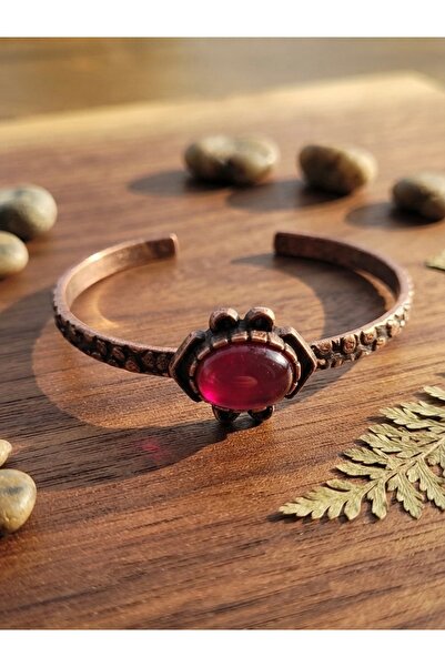 Meneva Aksesuar Special Design Adjustable Copper Bracelet with Red Agate Natu...