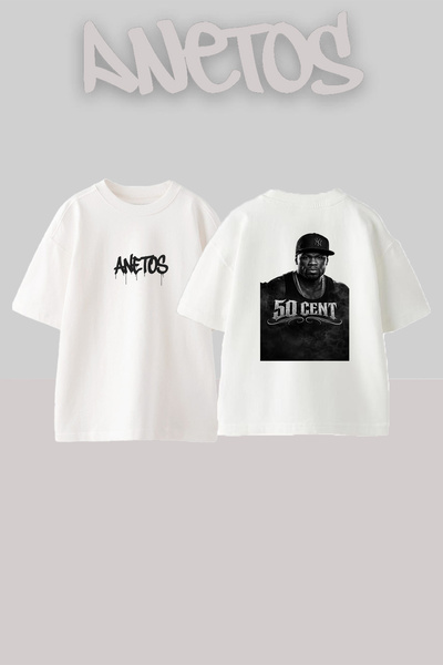 Anetos تيشيرت أبيض كبير الحجم مطبوع بتصميم 50 Cent_36 للجنسين