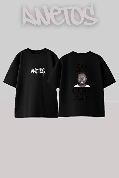 Anetos تيشيرت أسود كبير الحجم مطبوع بتصميم 50 Cent_38 للجنسين