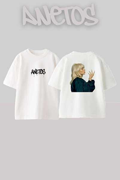 Anetos Billie Eilish_121 dizajn, štampana unisex majica prevelikog kroja, bela