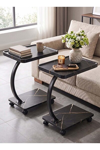 Taimi 2-Pcs Mobile 2-Level C-Shaped Tables with Wheels, Wooden Surfaces, Meta...