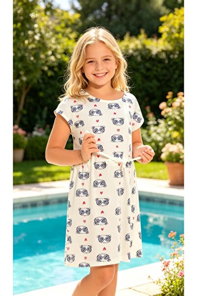 NiCe İç Giyim Girl's Ecru Color Patterned Short Sleeve Crew Neck Cotton Combe...