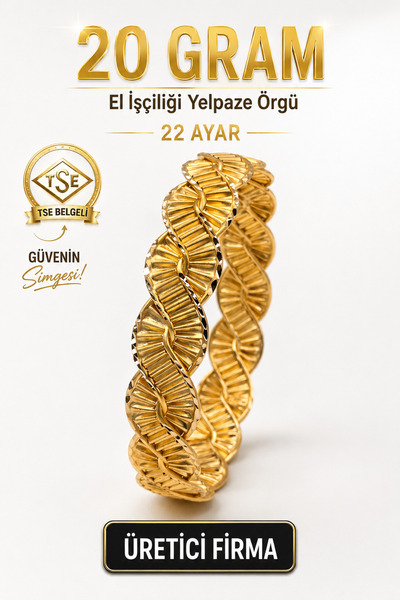 Aks Gold 22 Ayar TSE Belgeli (20 GRAM) El İşçiliği Yelpaze Örgü Altın Bilezik...