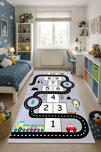 GNL HOME Trafik Ve Seksek Desenli Dijital Baskı Kaymaz Taban Yıkanılabilir Ço...