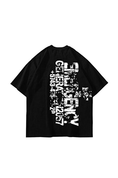 Sekizbiraltı Emergency Baskılı Siyah Oversize Tshirt