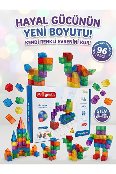 ÖZ OFİS 96 Parça Mini Manyetik Küp Yapı Blokları – Çocuklar İçin Renkli 3 Boy...
