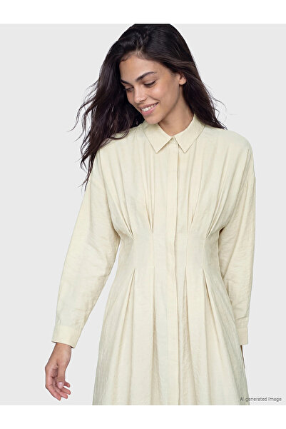 LC Waikiki LCW Modest Ροζ Φόρεμα-Πουκάμισο με Πλισέ Σχέδιο από Μείγμα Μοντάλ