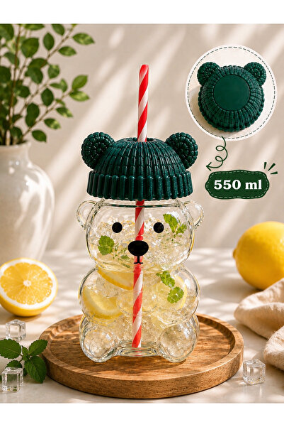 550 Ml Barista Pipetli Cam Bardak|Soğuk İçecek Bardağı |Ted Bear Ayıcıklı Bardak