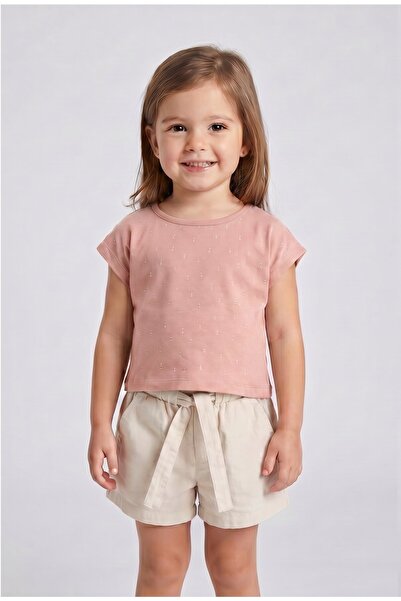 MAVİ BONCUKK Girl's Stone Detailed T-Shirt and Belted Shorts Set