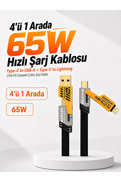 GenelTedarik 65W Hızlı Şarj Kablosu 4in1 - Araçta Kullanıma Uygun - Type-C to...