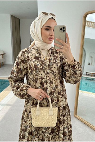 Kirazca Butik Kadın Dökümlü Modal Kumaş Floral Desenli Tesettür Elbise(ASTARSIZ)