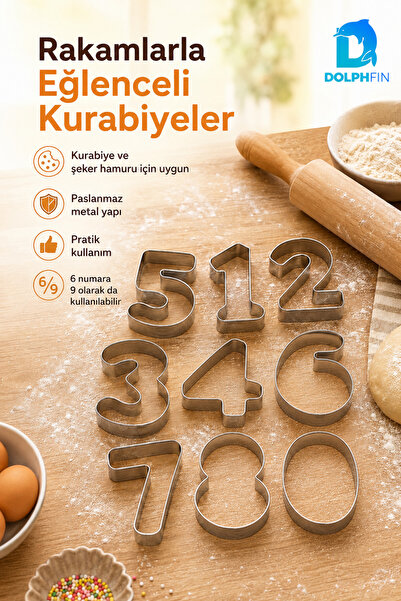 DolphFin Rakam Kurabiye Kalıbı 9 Parça Metal Sayı Şekilli Hamur Kesici Paslan...