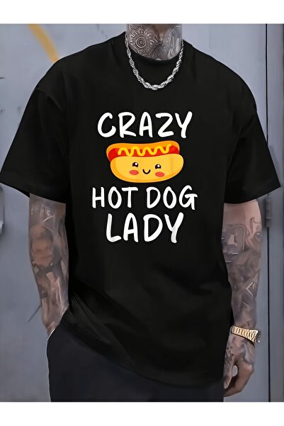 STITCHLY تي شيرت رجالي بأكمام قصيرة بتصميم Crazy Lady Hot Dog Lover، نفس النم...