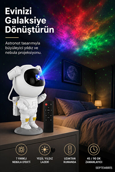 septembris AstroNova Kumandalı Astronot Galaksi Projektör Gece Lambası | 7 Ne...