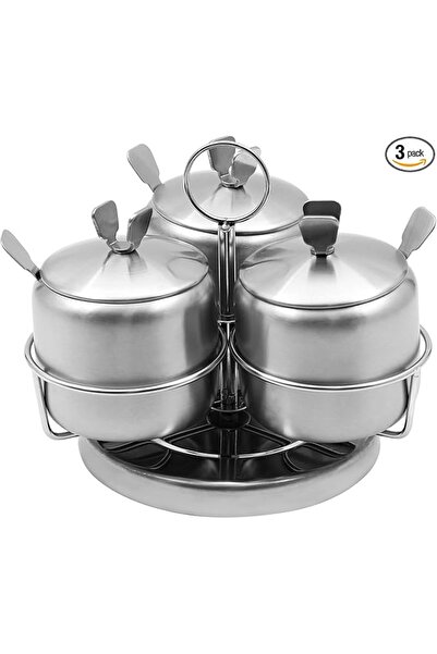 Arabest 3pcs Revolving Sugar Bowl with Lid and Spoon, Stainless Steel Seasoni...