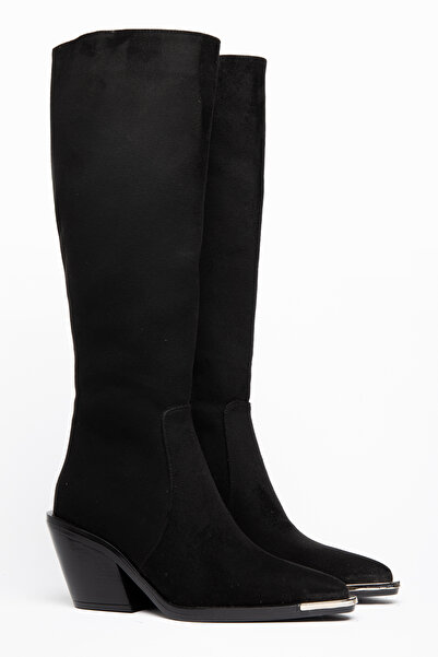 DENORA Black Matte Suede Metal Toe Cap Below the Knee Flat Zippered Western C...