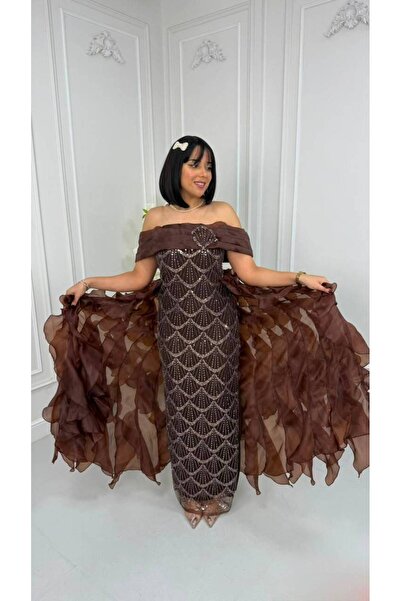 Nice Model Brown Beaded Evening Dress with Chiffon Extension