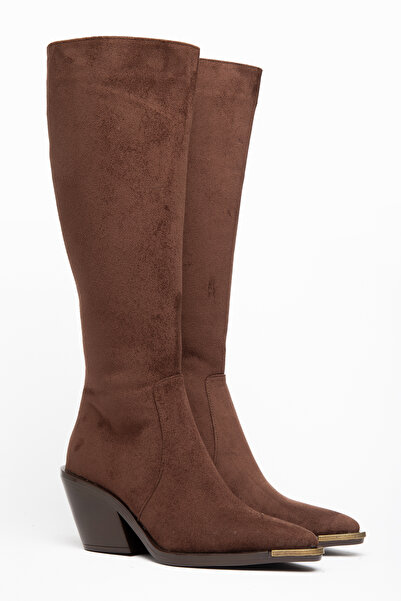 DENORA Brown Matte Suede Metal Toe Cap Below the Knee Flat Zippered Western C...