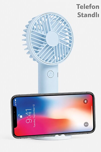 Telvesse Standlı 3 MOD Şarjlı El Fanı 3 Kademe Seyahat Masaüstü Vantilatör Taşınabilir Mini Fan Mavi F137