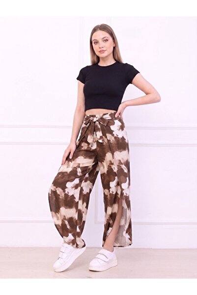 Flubutik Women's Coffee Color Tie-Dye Waist-Tied Envelope-Covered Woven Trousers
