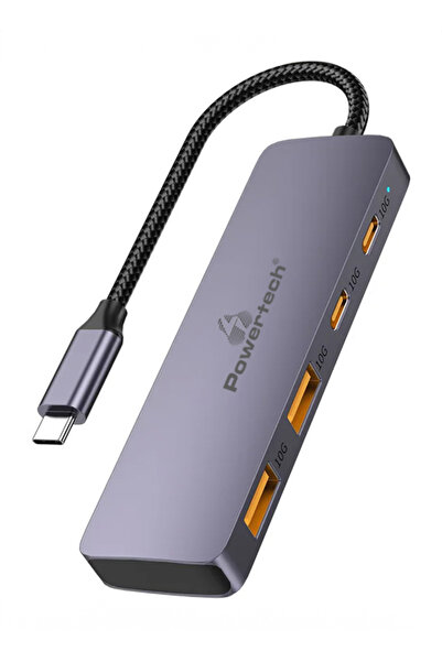 POWERTECH USB hub CAB-UC082, 4x θυρών, 10Gbps, USB-C σύνδεση, γκρι