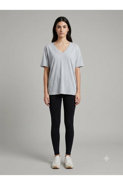 MODAM DENSTINY Women's V-Neck White Flared Oversize Short Sleeve Cotton T-Shirt