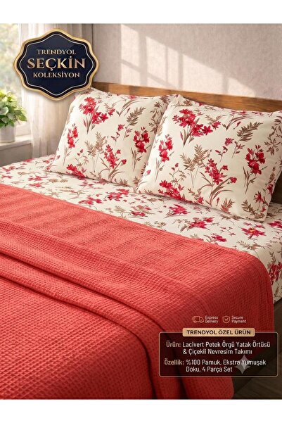 Bella Home Çift Kişilik Pamuklu Petek Pike Takımı 200x230 cm Çarşaflı 4 Parça Yazlık Pike Seti