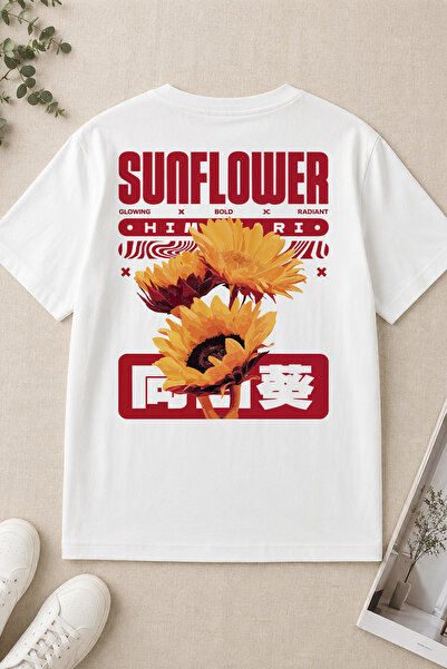 Spoyi Bold Sunflower Design 100% Cotton Half Oversize White T-Shirt