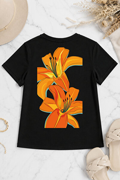 Spoyi Orange Lily Design 100% Cotton Half Oversize Black T-Shirt