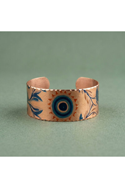 Erol Bakır Wide Adjustable Cuff Bracelet with Copper Evil Eye and Blue Tile P...