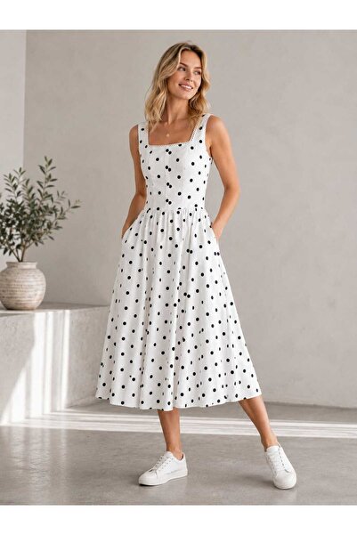 Benedetto New Season Modern Polka Dot Square Collar Gipeli Strap Midi Women's...
