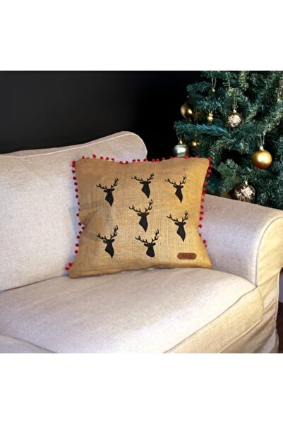 Yıldızan Efe Home & More Tasseled Jute Cushion Cover 50 * 50 Black Deer Patte...