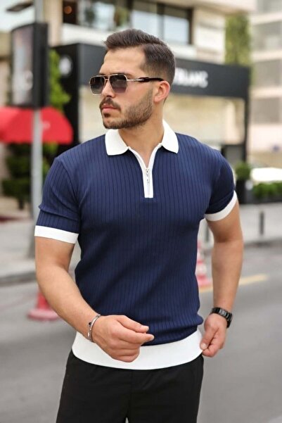Aymood Men's Collar and Sleeve Detailed Zipper Collar Stripe Pattern Short Sl...